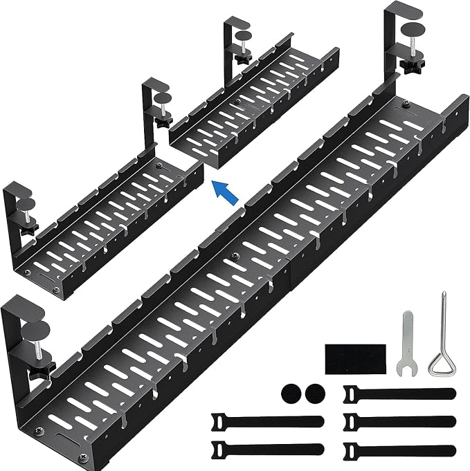 No Drilling Extendable Under Desk Cable Management, Metal Cable Management Tray Under Desk with Clamp, Retractable Power Strip Cord Holder for Wire Management 31Inch (2 Pack Extendable 31')