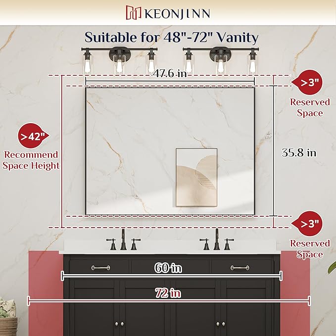 Keonjinn 48 x 36 Inch Black Bathroom Mirror, Large Rectangle Mirror for Vanity, Matte Black Metal Framed Farmhouse Mirrors, Square Corner Rectangular Wall Mirrors for Over Sink(Horizontal/Vertical)