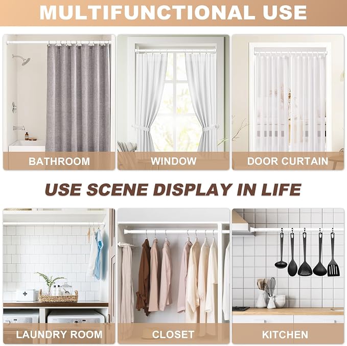 2 Pack Adjustable Spring Curtain Rod 30-63 inch, Tension Curtain Rod No Drilling, Spring Loaded Curtain rods for Window Doorway Kitchen, White
