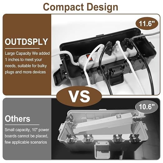 [2 Pack] Outdoor Electrical Box Waterproof, OUTDSPLY Medium Outdoor Electrical Box (11.6x5.2x4.1 inch) w/ 6 Cable Entry, Weatherproof Connection Box for Power Strip, Plug, Timer, Holiday Lights, Brown