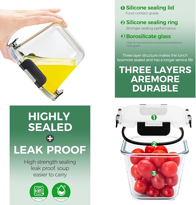 32 oz Glass Soup Containers with Lids, 4 Cup Glass Storage Containers with lids, Airtight Leak Proof, Food Grade Glass Containers, Microwave, Oven, Freezer and Dishwasher, BPA Free