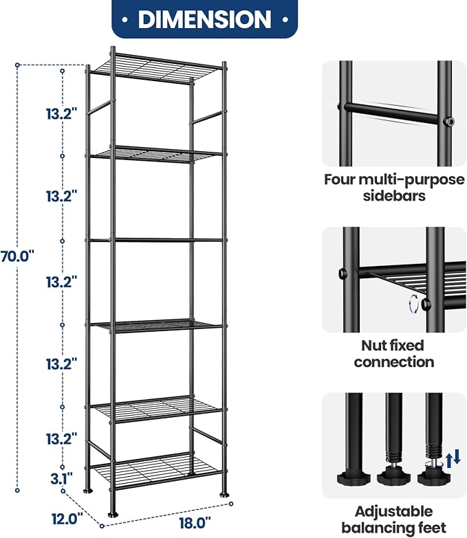 Abiglifty Storage Shelves, 6-Tier Metal Shelving, Closet Shelves with Adjustable Leveling Feet, Shelf Organizer for Kitchen, Pantry, Laundry