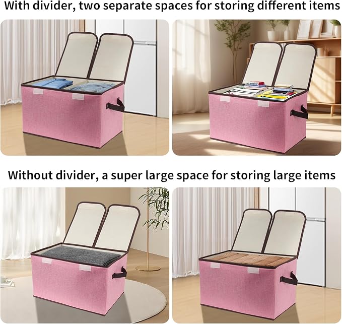 Foldable Fabric Storage Box, 16.5 x 11.8 x 9.8 inches (L x W x H), with Double-Lid & Dividers, Large Organizer for Home, Closet, Office(Pink)