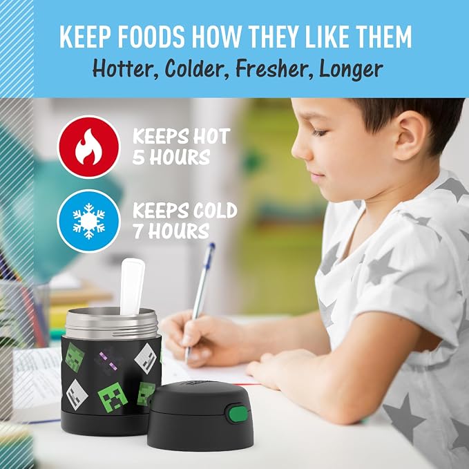THERMOS FUNTAINER Insulated Food Jar – 10 Ounce – Kid Friendly Food Jar with Foldable Spoon, Minecraft