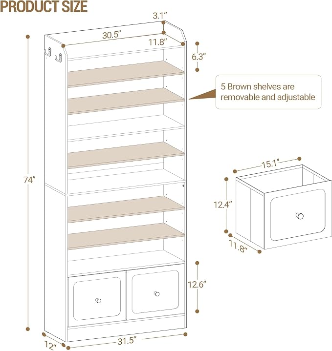 Hzuaneri Shoe Storage Cabinet, 10 Tiers Shoe Cabinet with 2 Cloth Drawers, Wooden Freestanding Shoes Organizer with 2 Hooks, 40-45 Pairs, Shoes Cubby Organizer for Entryway, White SR52903MI