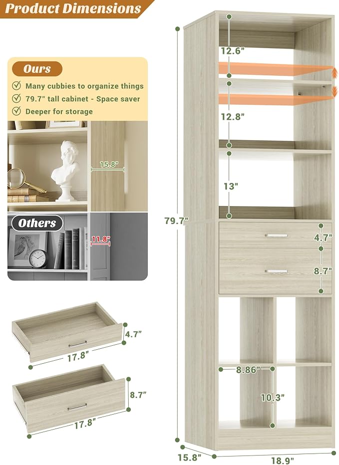 Besiost 18.9" Small Closet System with Drawers, Walk-in Closet Organizer | Small Closet Organizer for Walk in Closet, Bedroom & Nursery, Wardrobe Storage Unit, Greige Oak