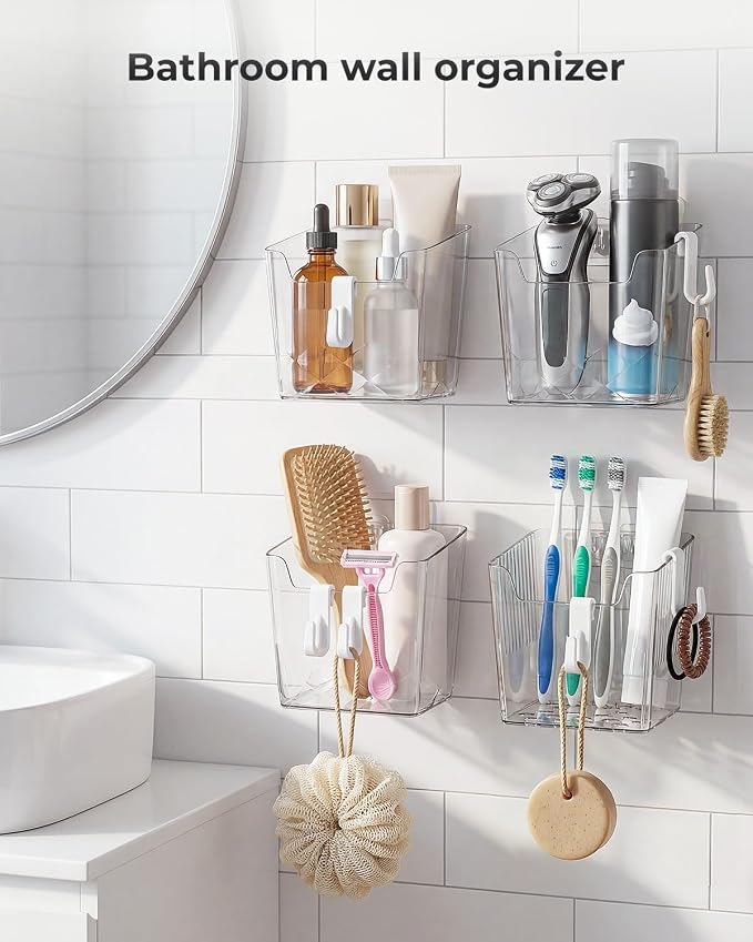 Wall Mount Organizer, 6 Hooks and 4 Pack Cabinet Door Storage Bins, Space-Saving Adhesive Bathroom Wall Organizer, Wall Storage for Office, Cabinet, Pantry, Kitchen, Makeup