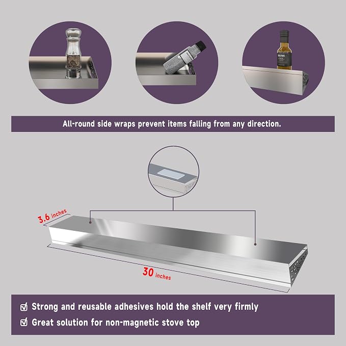 STUTOV Stove Shelf for Stove Top, Spice Rack Organizer, Easy Installation, Kitchen Storage Solution, with Standard 30" Length, Brushed Stainless Steel, Non Magnate (Stainless Steel)