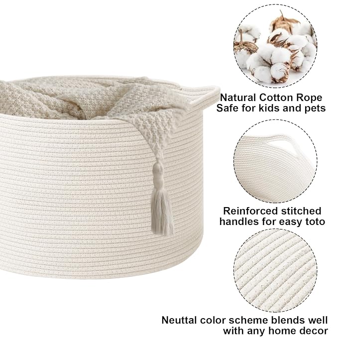 115L Extra Large Woven Cotton Rope Blanket Basket with Handles, Laundry Hamper Storage Bin for Pillows, Comforters,Clothes, Toys, Nursery, Bedroom and Living Room Organization,White