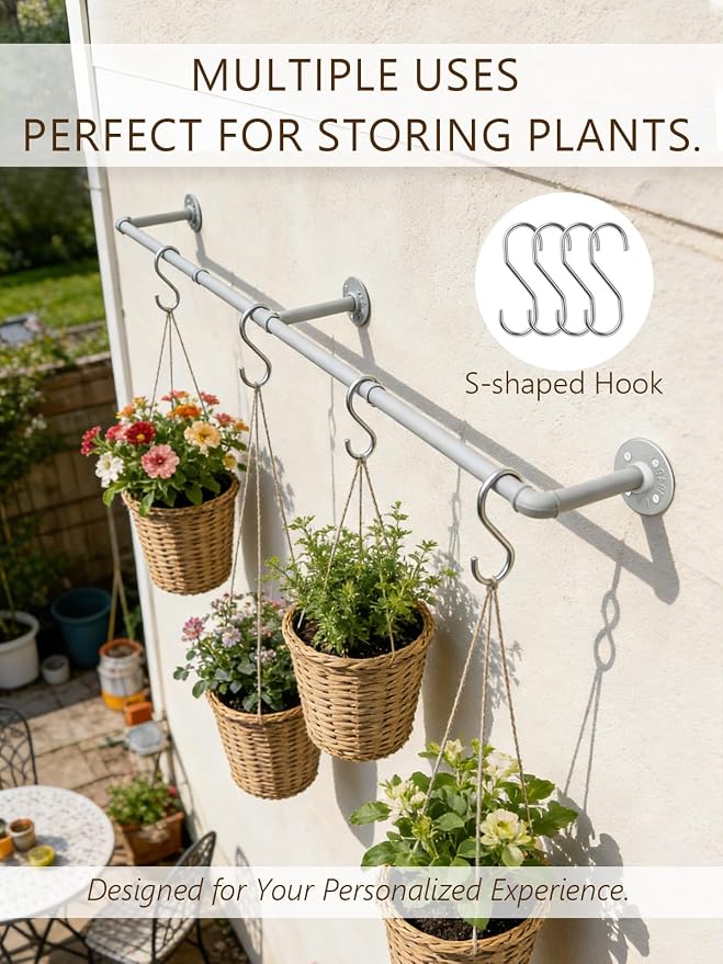 Aduanbang 65.7in Industrial Pipe Wall Mounted Clothes Rack, Heavy Duty Detachable Iron Garment Bar, Rustic Space-Saving Hanging Rod for Bedroom, Closet – Silver Gray,4 hooks