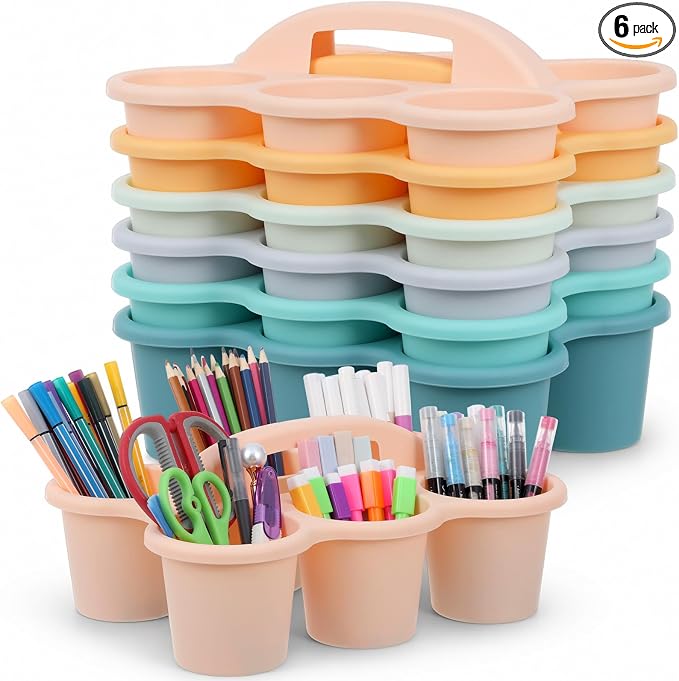 Plastic Caddy with Handle Set of 6 Classroom Caddy Organizer Cup Caddies Water Bottle Storage Crayon Caddies Plastic Cup Holder Drink Carrier for School Home Office Supplies (Boho)
