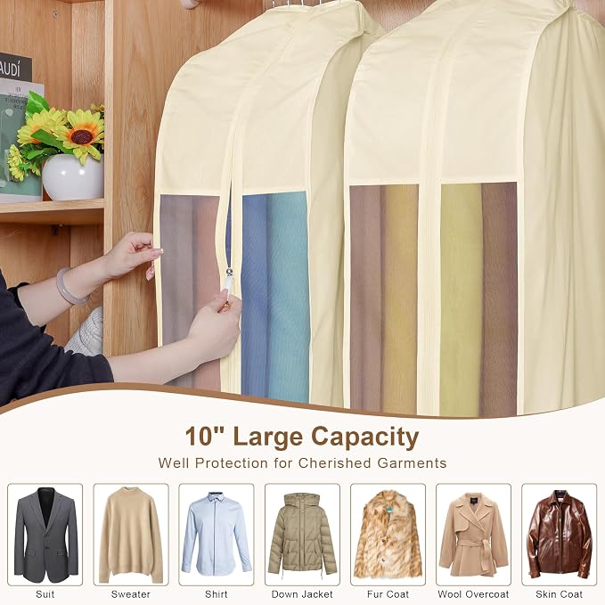 43" Premium Cotton Garment Bag for Hanging Clothes, Breathable Suit Bags for Closet Storage with Extre Large 10" Gusseted & Clear Window, Dust Cover with Zipper for Suits, 3 Pack, Beige