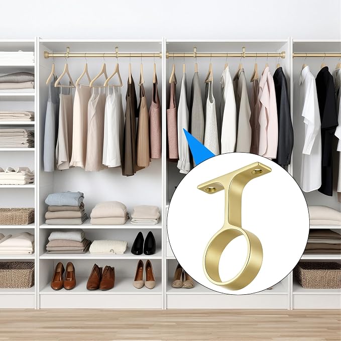 LEIFIDE 2 Pcs 1 5/16 Inch Diameter Round Wardrobe Closet Rod Suspended Center Support with Installation Screws Curtain Closet Rod Ceiling Mount Bracket for Home Wardrobe (Matte Brass)