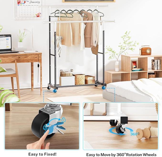 VICERII Double Clothing Rack, 130LB Capacity Heavy Duty Garment Rack with Wheels and Bottom Shelf, 55.51 Inch Long Rolling Clothes Racks for Hanging Clothes, Black
