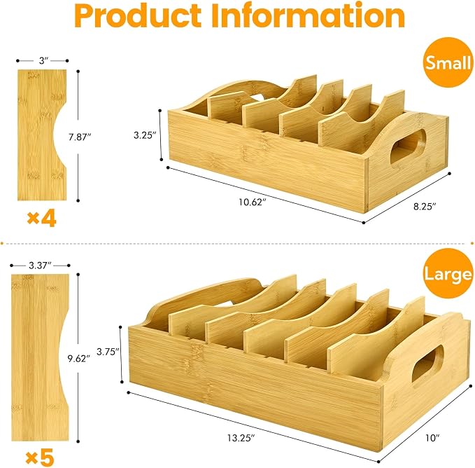 Artcochan 2 Pack Bamboo Lid Organizer, 10.6" x 8.2"/13.2" x 10"Food Storage Container Lid Holder with Adjustable Dividers, Kitchen Storge and Organization Rack for Cabinet Drawer and Countertop