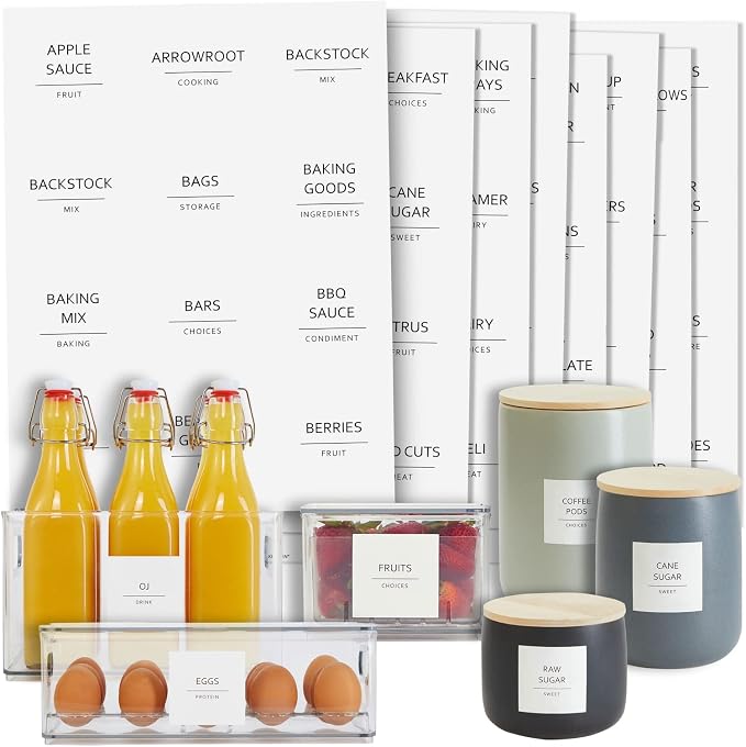 Talented Kitchen Minimalist Food Labels - 2.5" x 2.5" Matte White Vinyl, Pack of 157 - Pantry & Fridge Container Labels for Jars & Bins - Preprinted Food Storage Stickers, Water-Resistant