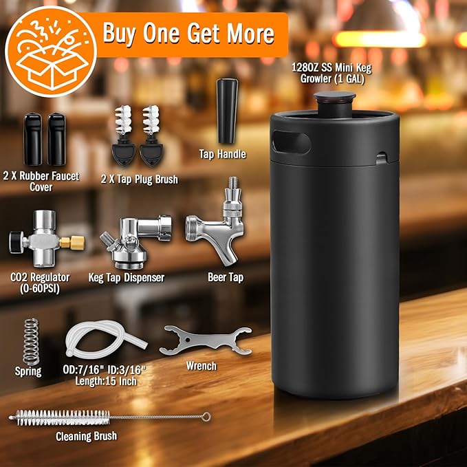 Hgkeke128OZ Mini Keg Growler,Stainless Steel Beer Keg Tap System Portable Draft Beer Dispenser to Keep Fresh and 55PSI CO2 Pressure Growler Carbonation, Beer Tap System for Homebrew,Camping,BBQ(Black)