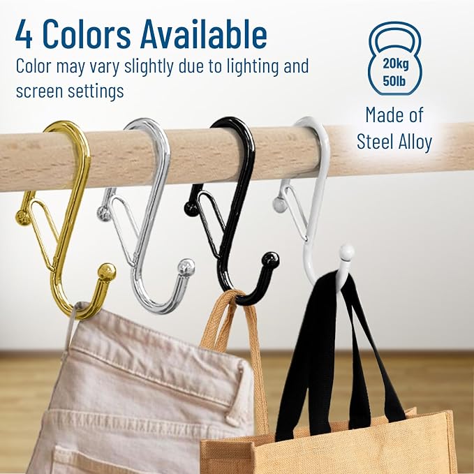 10-Pack Metal S Hooks for Hanging – Heavy-Duty S-Shaped Hooks with Safety Buckle – Fits Bars up to 0.6 In – Anti-Drop Hook for Kitchen, Pot Racks & Towel Bars – Silver (Small)