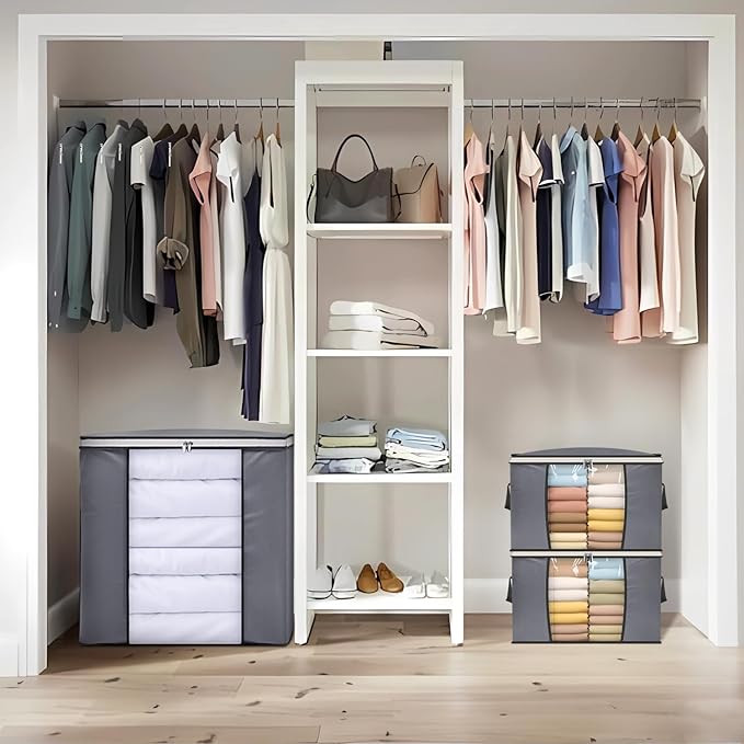 SLEEPING LAMB 65L Clothes Storage Bag, Breathable Blanket Storage Container and Foldable Comforter Organizer for Closet with Reinforced Handles for Sheets, Pillow, Toys, Grey