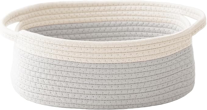 JMvicyroam Woven Basket,Small Rope Storage Bin with Handles & Ribbon Bag, Organizer for Shelves Closets,Gift Basket Empty for Birthday,Books,Dog Toys, White&Grey