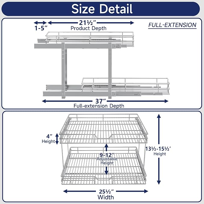 2-Tier Pull Out Cabinet Organizer, 25.5" W x 21.5" D, Heavy Duty Dual Slide Out Shelves for Wide Base Cabinets, Chrome Wire Basket Drawer for Pots, Pans, Pantry & Cleaning Supplies