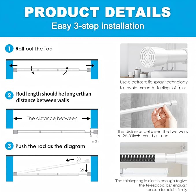2 Pack Spring Tension Rods 26-39 Inches, 5/8 Inch Diameter White No Drill Spring Loaded Adjustable Extendable, Small Short Tension Curtain Rod for Windows Kitchen Doorway Closet Cupboard