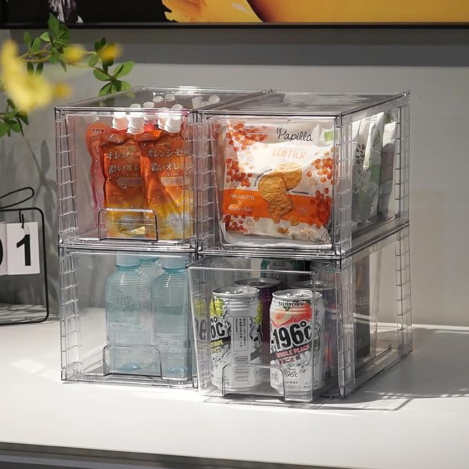 1Pack Large Stackable Kitchen Storage Drawers, Clear Foods Organizer Bins with Handles, Easily Assemble for Bathroom, Kitchen, Pantry, Cabinet, Closet(XL-UP Handle)