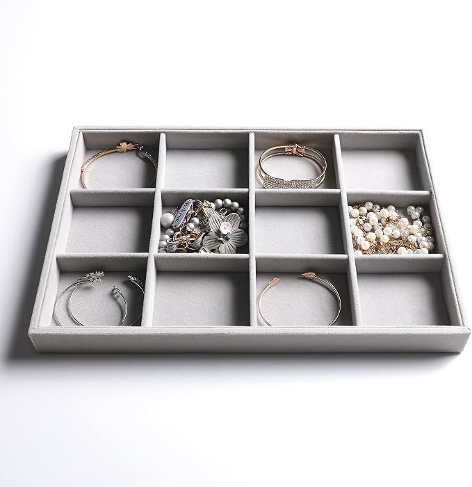 Frebeauty Jewelry Trays for Drawer,Set of 2 Jewelry Organizer and Storage | Velvet Material,Stackable,Adjustable Dividers,Drawer Inserts for Rings Studs Bracelet,Earring Organizer for Women Girls