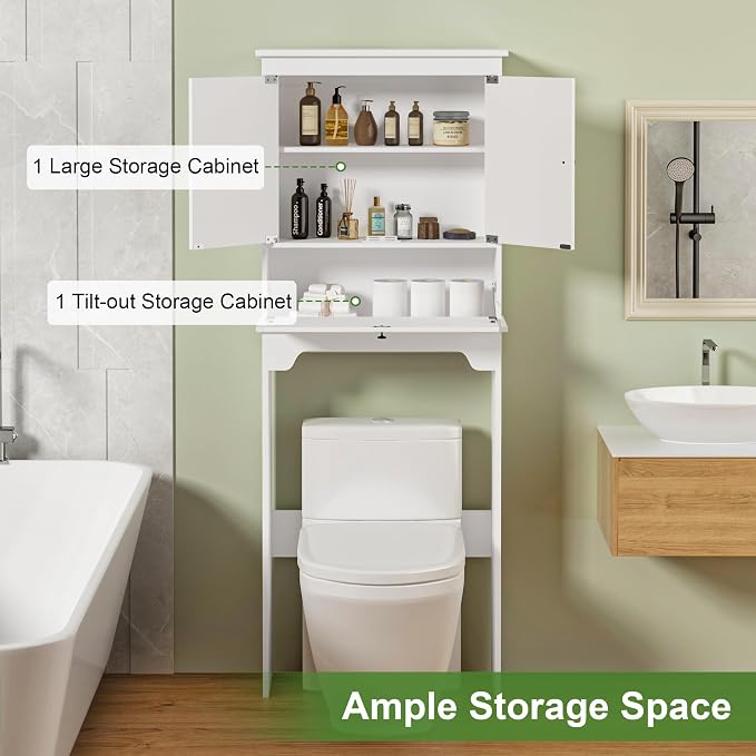 Over The Toilet Storage Cabinet, White | Over Toilet Bathroom Organizer, Freestanding Bathroom Cabinet Over Toilet with Double Doors and Adjustable Shelf