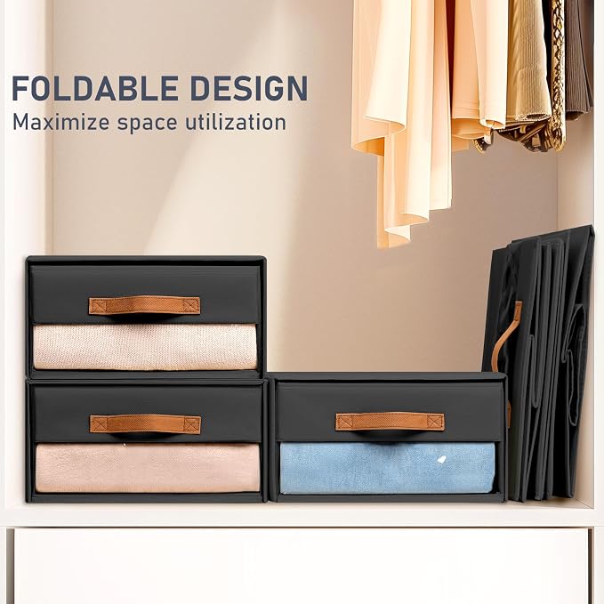 DIMJ Closet Organizers and Storage - Foldable Storage Bins with Drawers Fabric Stackable Storage Drawers with Clear Window,Fabric Clothes Organizers and Storage Drawers for Closet, 4-Pack, Black