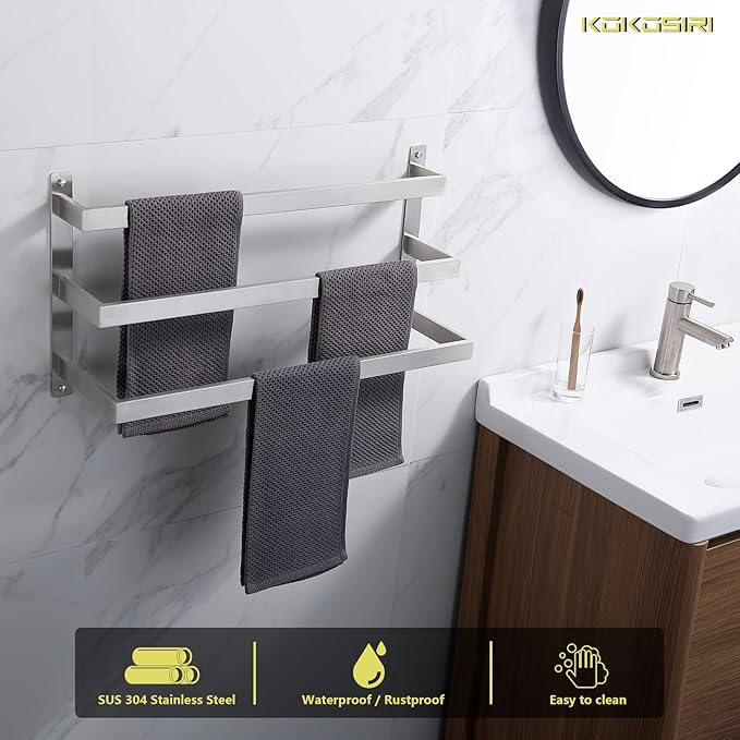 KOKOSIRI Bath Towel Bars Bathroom 3-Tiers Ladder Towel Rails Towel Holders Wall Mounted Towels Shelves Rack Brushed Stainless Steel, B5006BR-L24