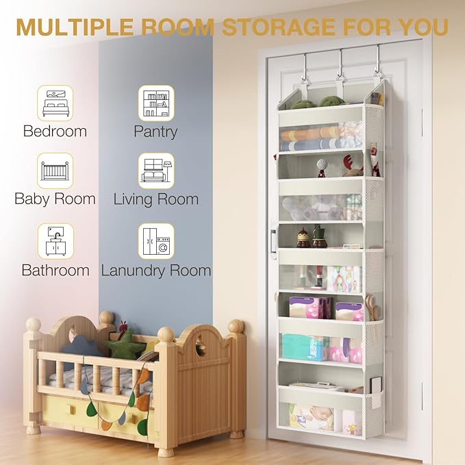 Over the Door Organizer with 5 Front & 10 Mesh Side Pockets, 50LB Capacity Extra Large Hanging Storage Organizer Multi-Room Space-Saving Hanging Shelves with 3 Hook for Closet, Kitchen, Pantry, Beige