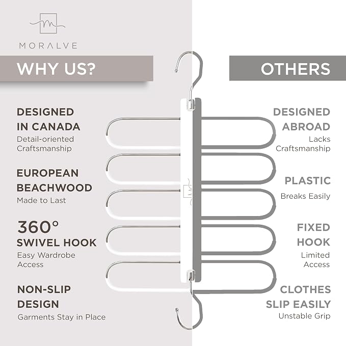 MORALVE Pants Hangers Space Saving - 4 Pack European Beechwood Scarf and Jean Hangers - Closet Organizer and Space Saver Pant Rack, Leggings Hanger, and Scarf Holder with 360° Swivel Hook