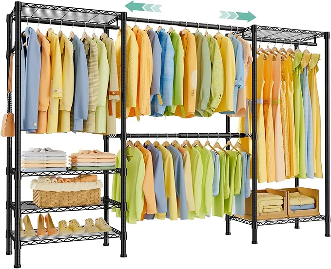 SEMHOR E06 Expandable Heavy Duty Clothes Rack for Reach-in Closet, Freestanding Clothing Racks with Shelves, Carbon Steel Closet Organizer System Adjustable from 70.8-93.9", Max Load 800LBS, Black