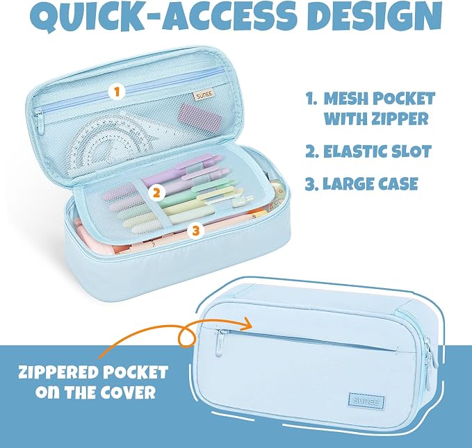 SUNEE Cute Pencil Case, Large Capacity Pencil Pouch, Big Storage Organizer for Stationery, Zipper Pen Bag,Back to School Supplies,Office Water-Repellent Nylon Pencil Bag for Teen Girls Boys,Light Blue