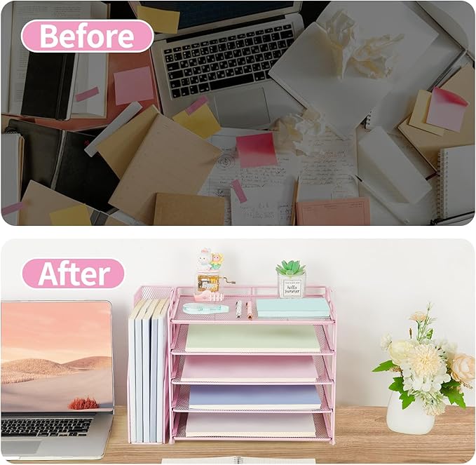 AUPSEN Pink Desk Organizers and Accessories,5-Tier Desktop Paper File Organizer with Adjustable File Holder, Office Desk Accessories for Office Supplies