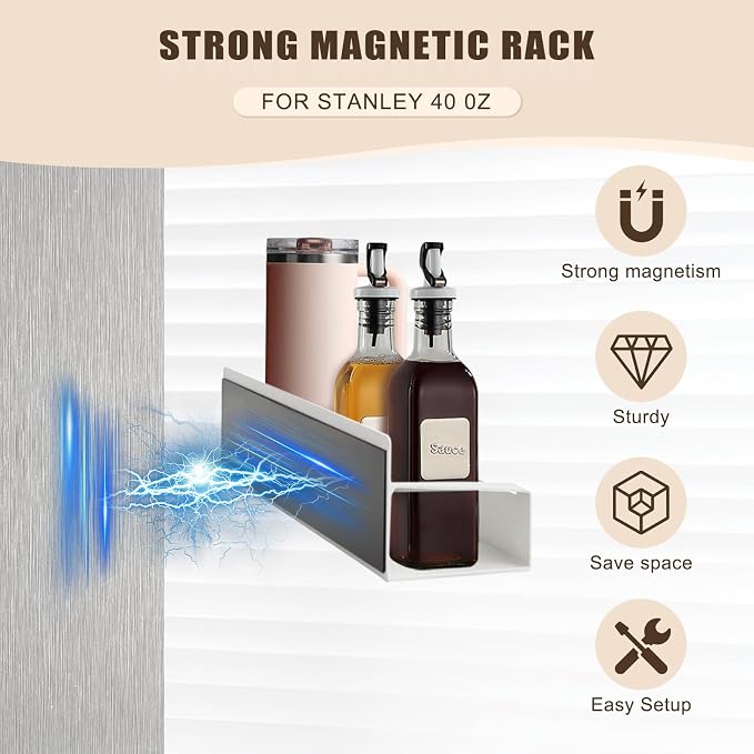Magnetic Cup Holder for Fridge, Spice Organizer, Stanley Cup & Water Bottle Organizer with Detachable 4 Hooks for Cabinet and Kitchen, White (2 Pack)
