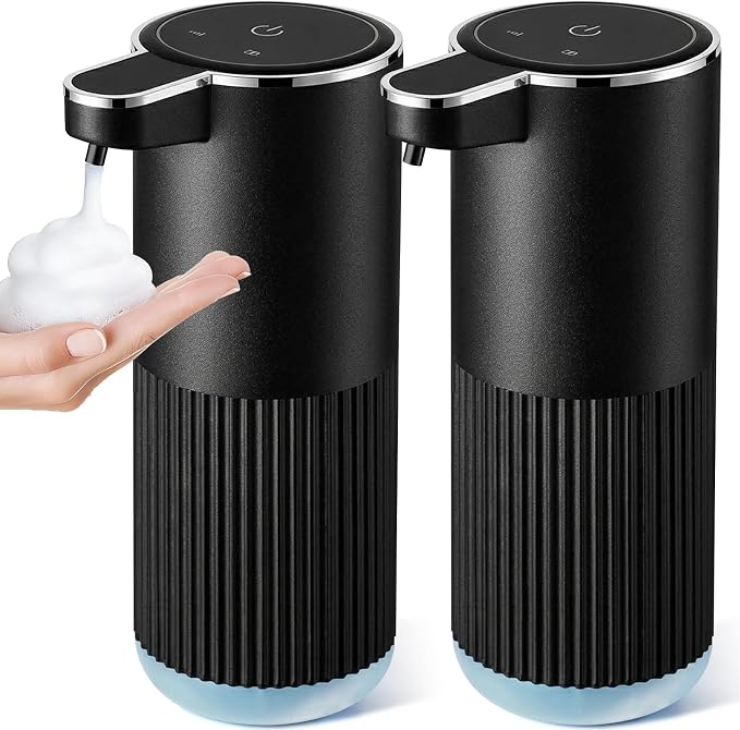 RYTOXILO Automatic Foaming Soap Dispenser, 2 Pack Black Touchless Foam Hand Soap Dispenser Bathroom, 13.5 Fl Oz Plastic Electric Auto Foaming Dish Soap Dispensers Wall Mount for Kitchen