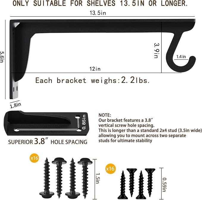 13.5x5.6in Heavy Duty Closet Rod Bracket Support 400lbs(2pc Black ) | Wall Mounted Sturdy Easy to Install Carbon Steel L-Shaped Shelf Brackets with Rod Holders for Laundry Room kitchen Balcony