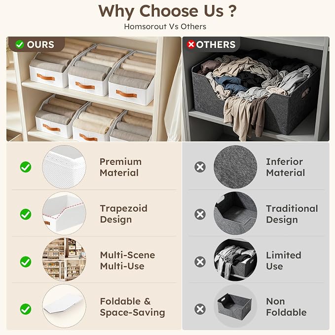 Homsorout Fabric Storage Bins for Organizing - 12 Pack Large Trapezoid Collapsible Storage Bins with Front Handle, Closet Organizers and Storage for Bedroom, Home Shelves, Small Spaces, White