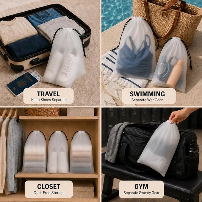18 Pack Clear Shoe Bags for Travel Essentials, 15.7"×11.8" PEVA Drawstring, Water-Resistant, Fits up to Men’s 12–13, Reusable Storage for Clothes & Toiletries, Keep Luggage Tidy & Odor-Free