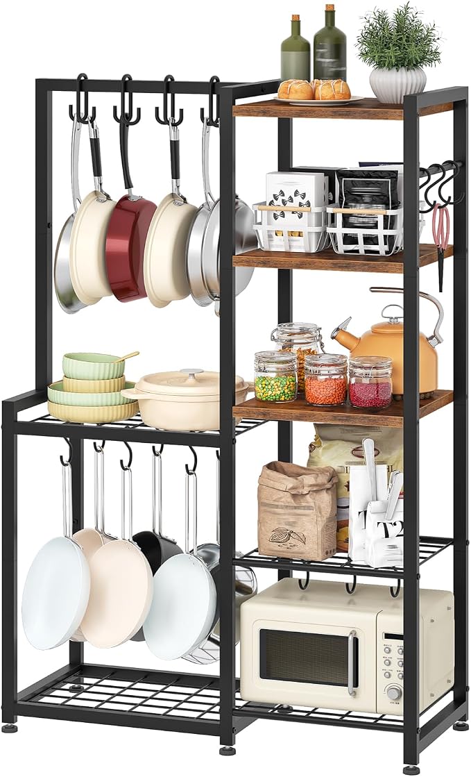 CHOEZON 5-Tier Pot Rack, Cookware Stand with Hooks, Pans Pots Organizer for Kitchen, Living Room, and Bedroom, Black TPR17BF