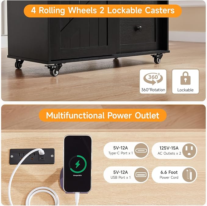 ONBRILL 31.5" Farmhouse Kitchen Island with Drop Leaf & Power Outlet, Rolling Kitchen Cart with Sliding Barn Door, Portable Island Table with 3 Drawers, Spice Rack & Towel Holder