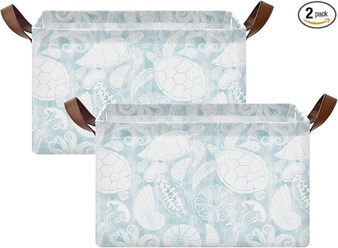 Light Blue Marine Life Turtle Coastal Storage Basket Foldable Cube Storage Bins with Handles&Label Collapsible Organizer Box Bin Large Rectangle Decor Baskets for Shelves Home Living Room Closet, 2 PC
