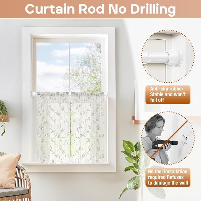 2 Pack Spring Tension Curtain Rods 16-36 Inches, Spring Loaded Curtain Rods No Drilling, Adjustable Expandable Tension Rod for Window Doorway Doorway Kitchen Curtain Bedroom Closet, White