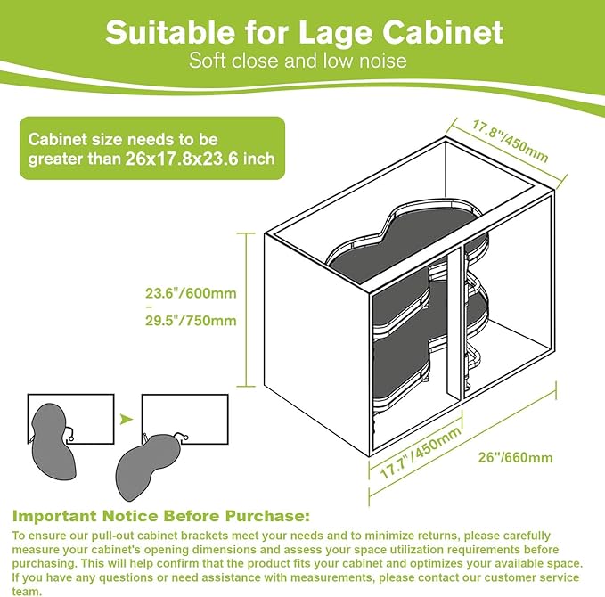 Blind Corner Cabinet Pull Out Organizer, Soft Close Swing Left Pull Out Cabinet Organizer 26 inch, Corner Cabinet Lazy Susan for Cabinet Blind Shelf, 2 Tiers Tray, Adjustable Height