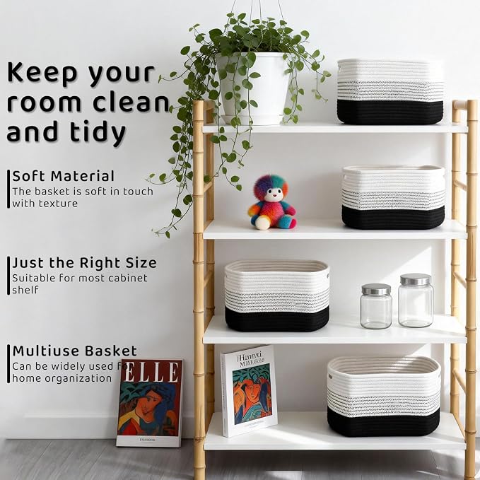 4 Pack Storage Baskets for Organizing, 11''Lx9''Wx8''H Woven Baskets for Storage Toys, Towels, Books, and Clothes, Cotton Rope Basket for Shelves with Handle White & Brown