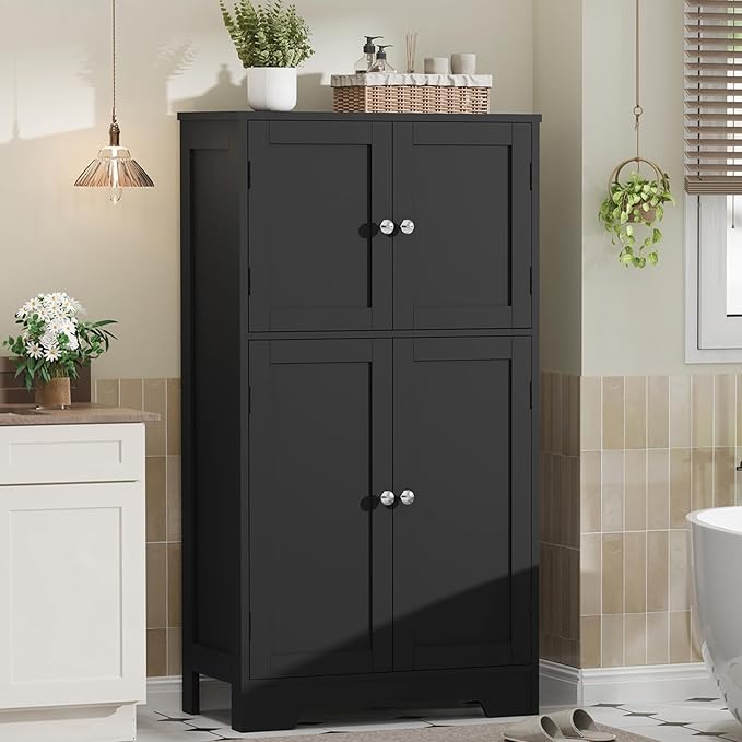 TEENFON Storage Cabinet, Rattan Cabinets with 2 Adjustable Shelves & 4 Doors, Bathroom Cabinet, Cupboard, Floor Cabinets for Living Room, Entryway, Kitchen, Home Office, Black