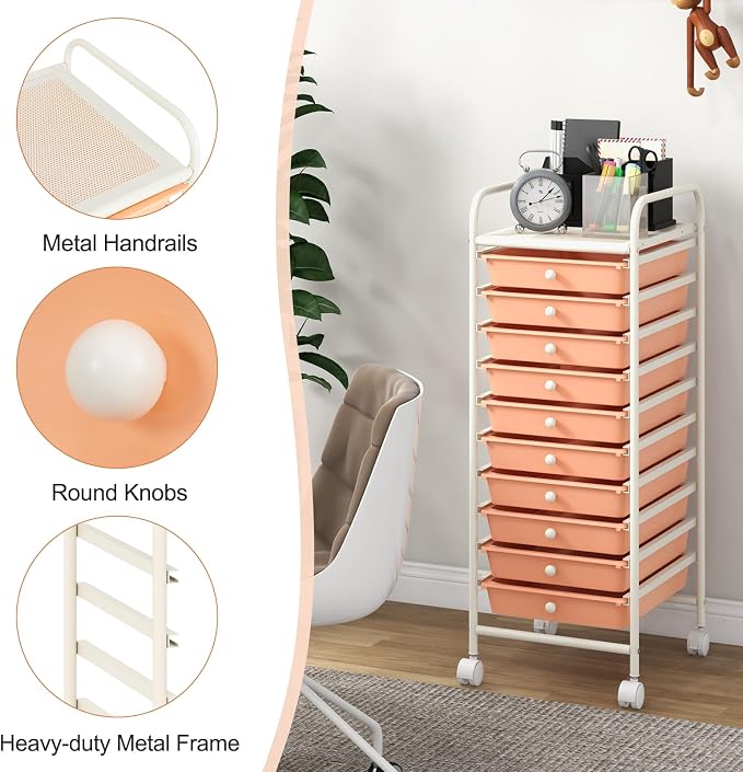 GOFLAME 10-Drawer Rolling Storage Drawer Cart, Utility Cart with Removable Drawers & Metal Frame, Mobile Art Craft Drawer Cart with Lockable Wheels for Home, Office, Studio, School, Peach Fuzz