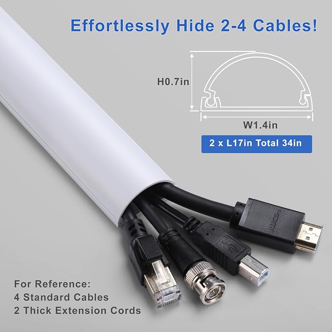 ZhiYo 34in Cord Hider for 2-4 Wall-Mounted TV Wires, 1.4" W x 0.7" H, White | Split-Hinge Design for Easy Installation, Half-Round Glazed Finish Ideal for Wall/Baseboard, Self-Adhesive, 2 Pack (17" Each)